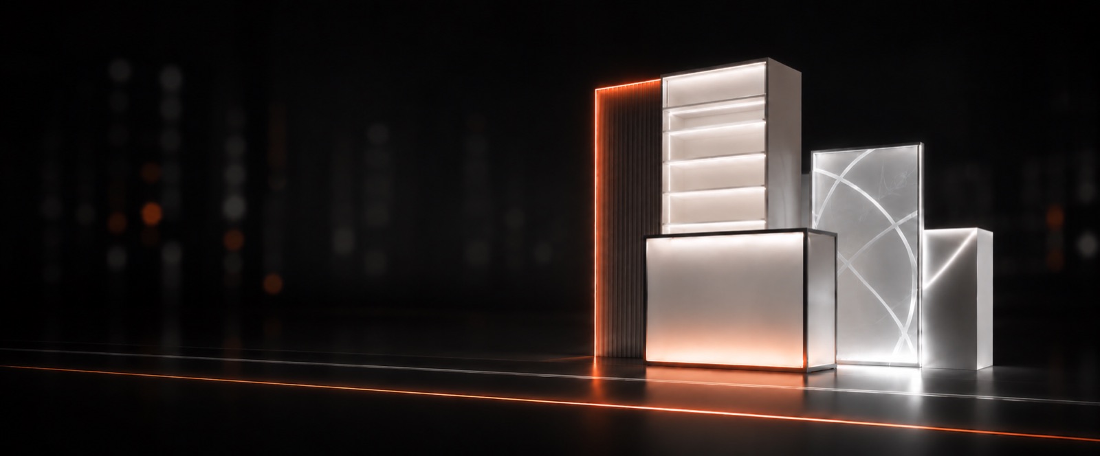 Mueble comercial, exhibidores y mesón con iluminación LED fabricados por Idelab